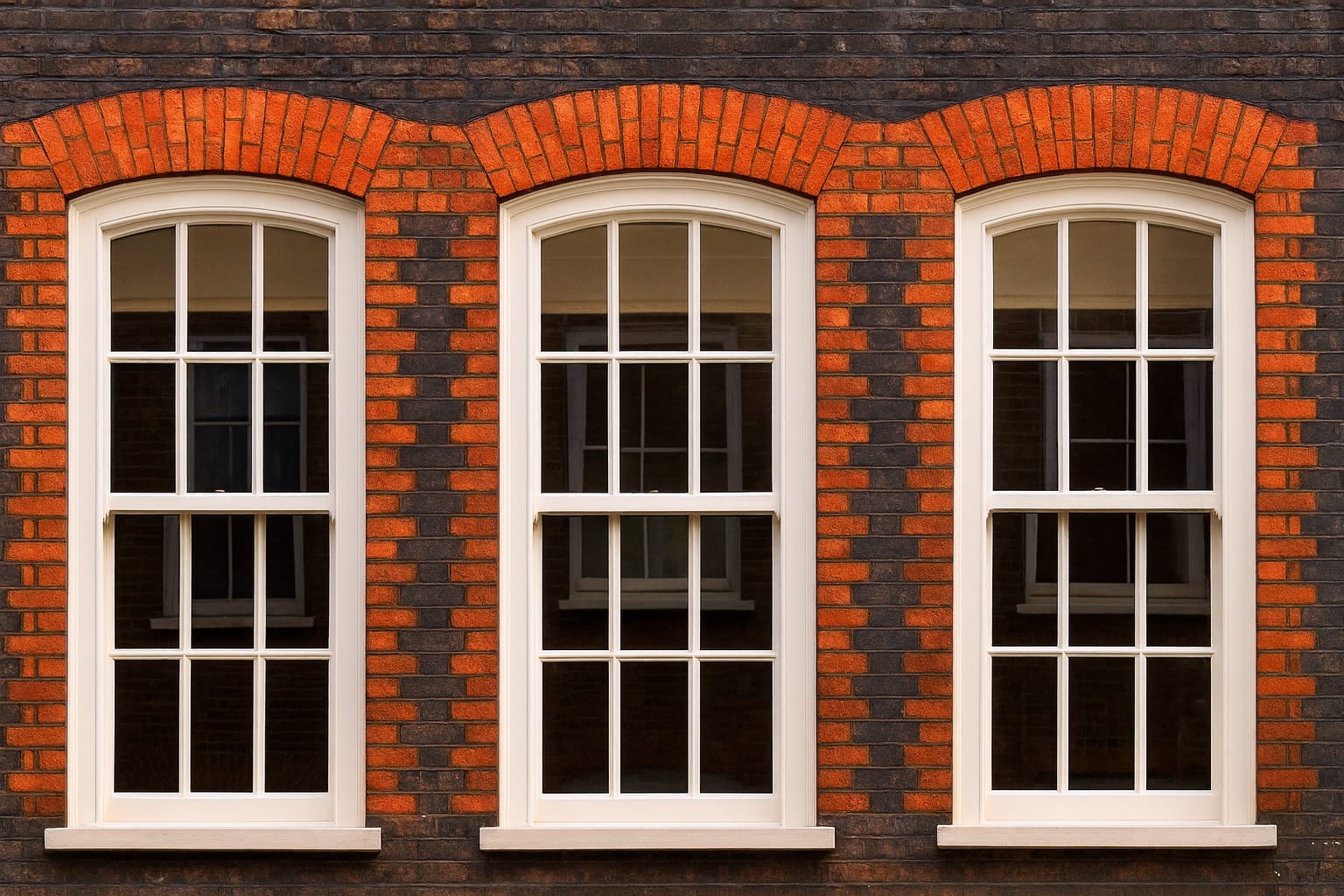 Row of arched sash windows on a brick wall