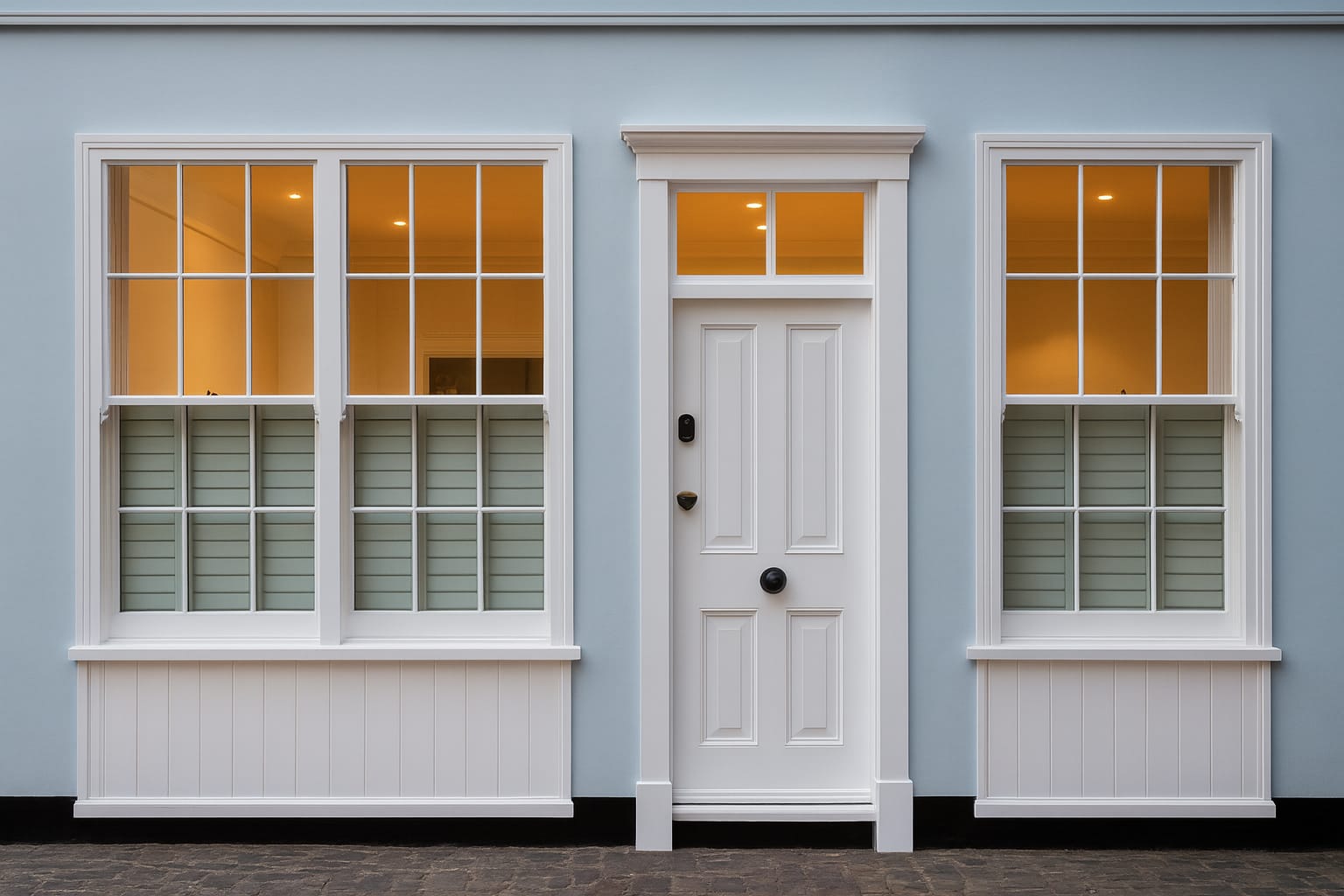 White Victorian 4-Panel Door against a blue wall with sash windows either side